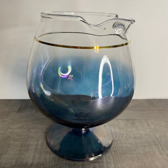 Rare Vintage MCM Blendo Blue Iridescent Brandy Snifter Pitcher With Gold Trim - Picture 1 of 8